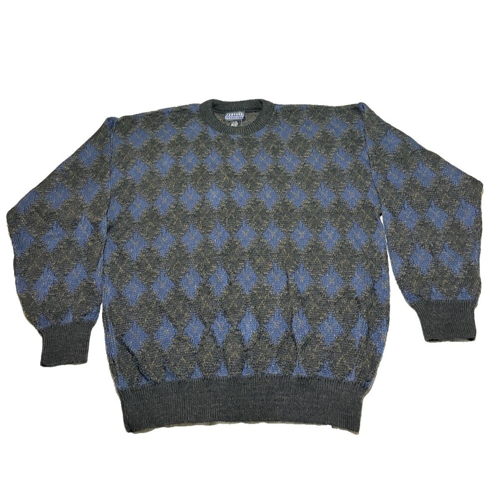 NWT Jantzen Mens Classics Sweater Knit Crewneck Pullover Blue Charcoal VTG Sz XL